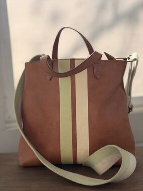 Madewell Brown Leather Tote with Green and Cream Stripes